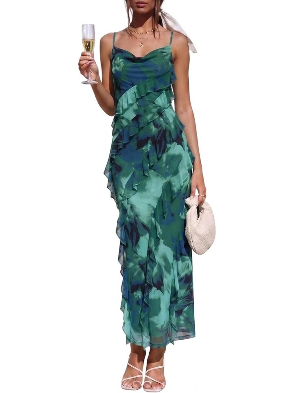 Women's Floral Green Spaghetti Strap Formal Bodycon Wedding Guest Maxi Dresses